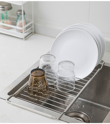 Ss 304 ชั้นวางอ่างล้างจาน Telescopic Drain Rack Storage สบู่ฟองน้ำที่วางจาน